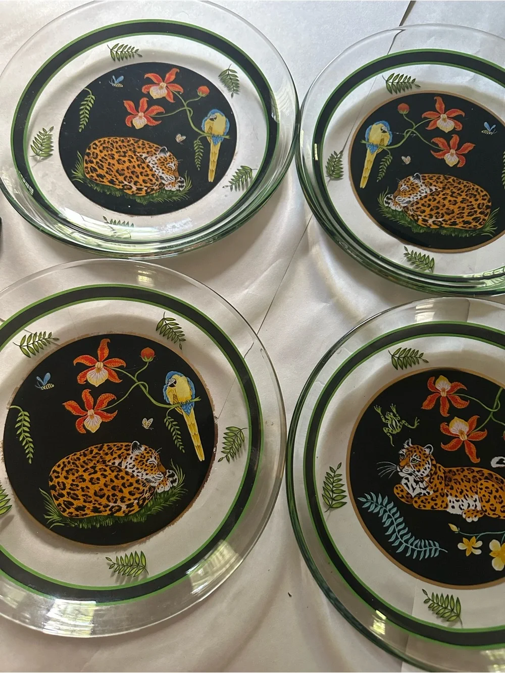 Set of 10 Lynn Chase Decorative Leopard Glass salad Plates- Green Accent